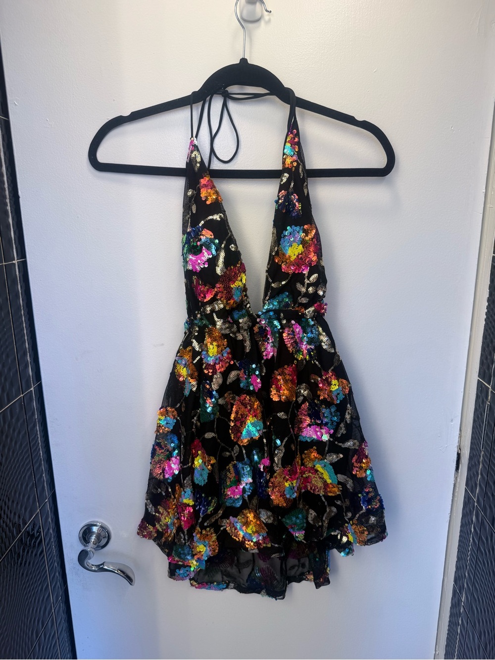 Lucy in the Sky Black Halter Mini Dress with Multicolor Sequin Floral - Picture 1 of 3